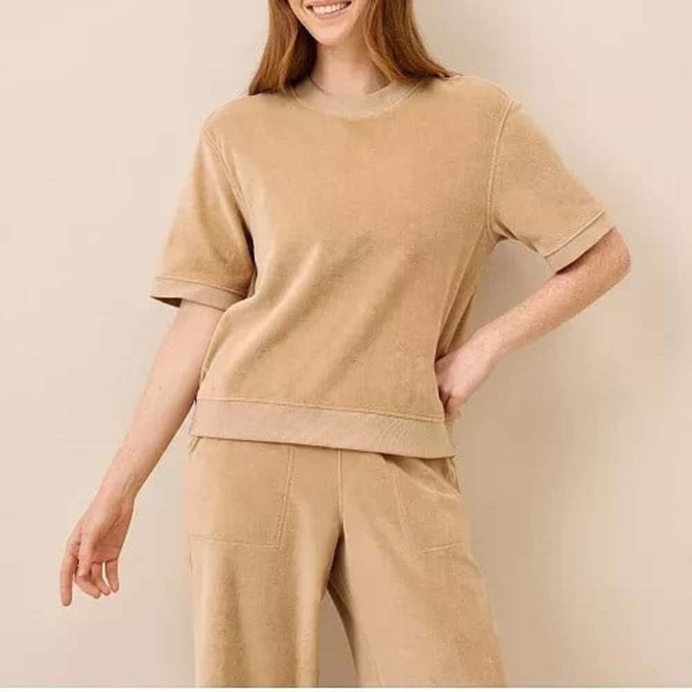 PACT Women's Small Sesame Beige Organic Cotton Velour Short Sleeve Shirt Top